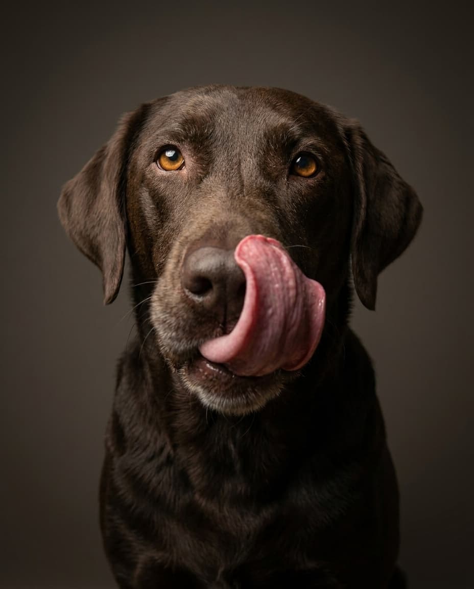 Retrato de estudio de un labrador chocolate de ojos ámbar relamiéndose
