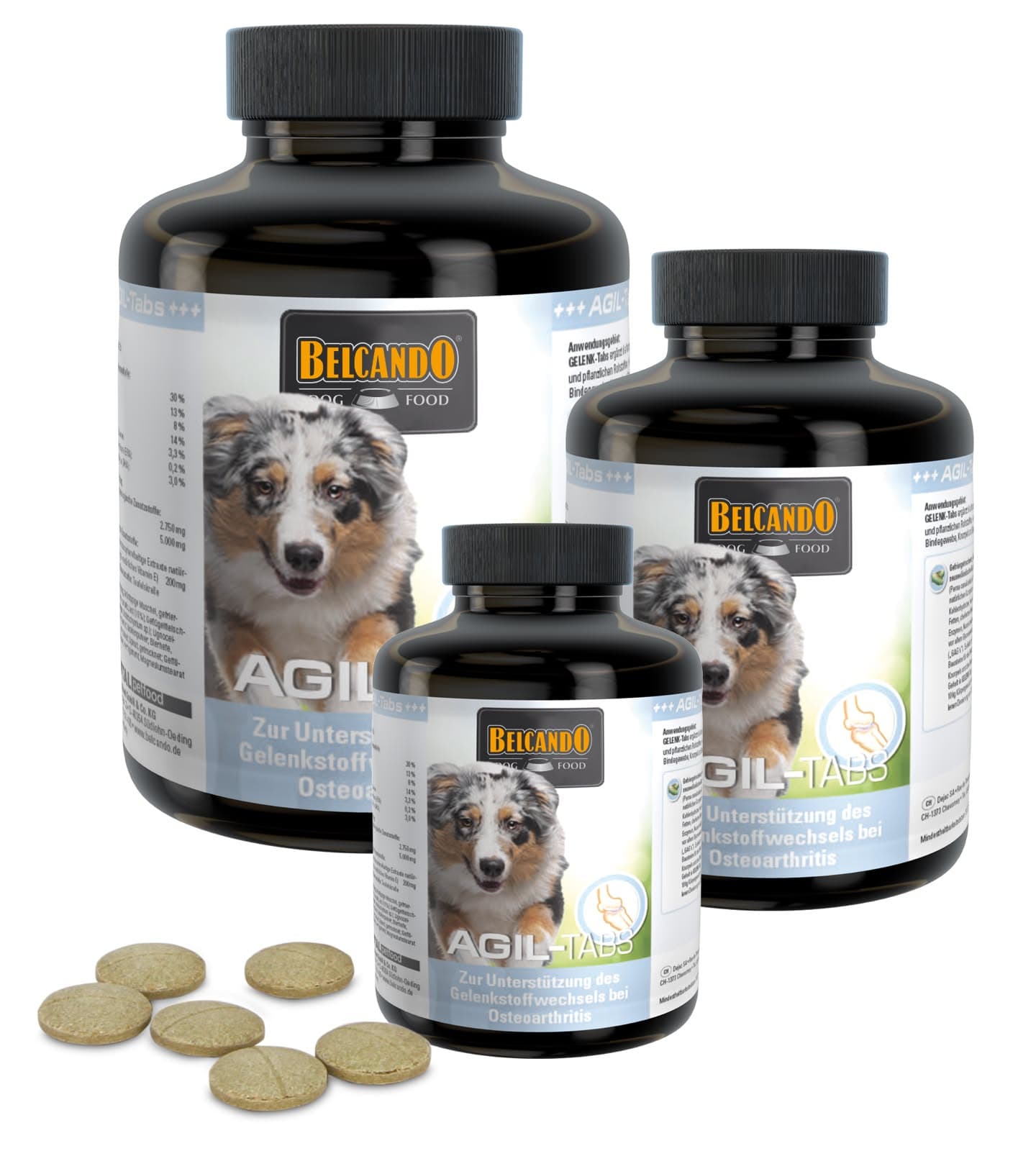 Frascos de vitaminas Belcando Agil-Tabs de 60 y 225 tabletas